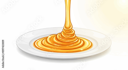 Thick golden liquid cascades in swirls onto a white plate, creating a sweet, rich texture