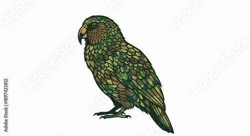 A pixelated parrot with camouflage-like plumage, detailed feather patterns, and a strong beak
