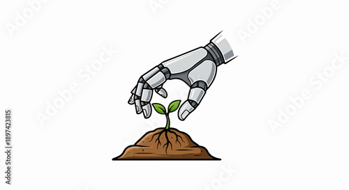 Robotic hand gently tending a young plant growing from a mound of soil