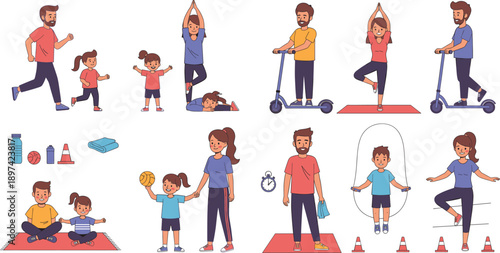 Family Fitness Activities Illustration Set Showing Parents and Kids Exercising, Yoga, Skipping Rope, and Healthy Lifestyle Training at Home
