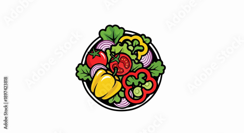 A vibrant, stylized depiction of a fresh salad in a black bowl