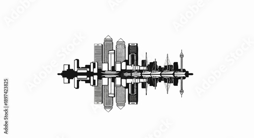 Stylized black and white skyline reflecting in water with sailboats