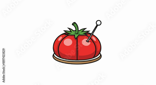 A cartoon tomato cushion with a pin stuck in it