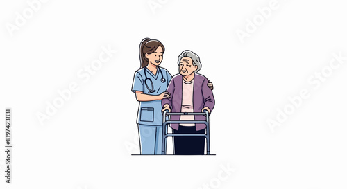 A caregiver assists an elderly woman with a walker, smiling gently