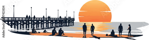 Silhouette figures on a beach near a pier at sunset, with a large orange sun reflecting on the water