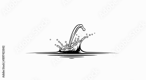 Dynamic black ink illustration of a water splash with droplets on a white background