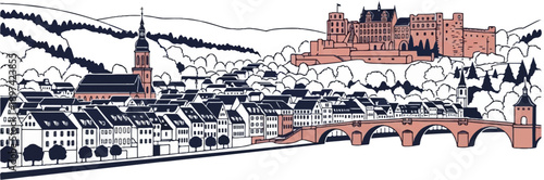 A historic cityscape unfolds with a grand castle atop a hill, a church spire piercing the sky, and a charming bridge spanning a river