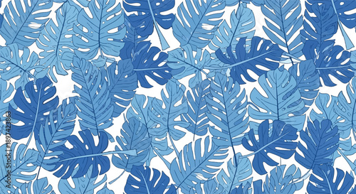A dense, repeating pattern of various shades of blue monstera leaves against a white background