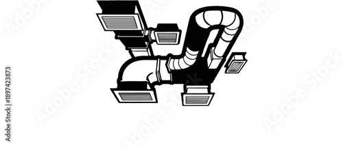A black and white line art illustration of an air conditioning duct system with multiple vents