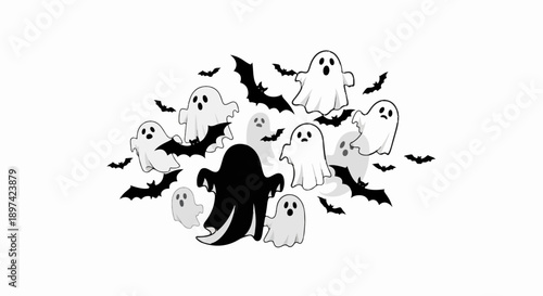 Playful ghosts and bats scatter across the white background in a spooky, whimsical Halloween illustration