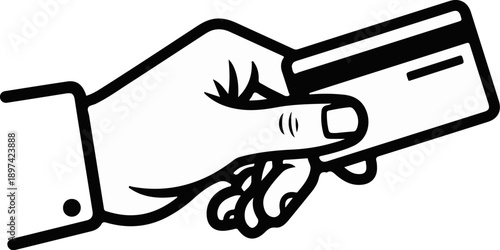 A hand wearing a suit sleeve holds a credit card with a black stripe on the right