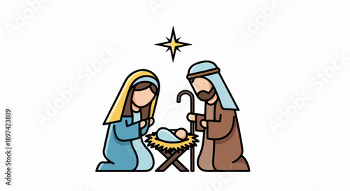 Stylized nativity scene with Mary, Joseph, and baby Jesus under a star