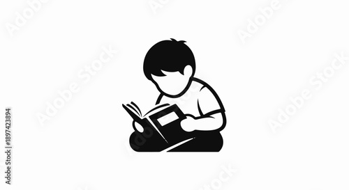 Simple black and white icon of a child sitting and reading a book