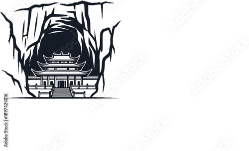 Traditional East Asian building nestled within a dark, rocky cave
