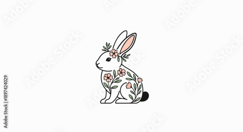 Whimsical white rabbit adorned with delicate pink flowers and green leaves