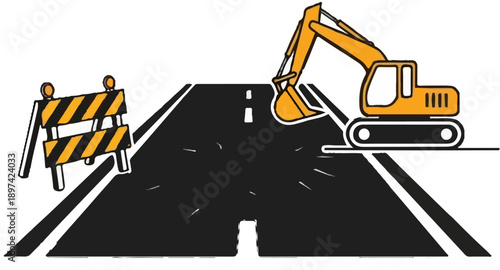 Construction zone ahead an excavator prepares to work on a road with a barrier