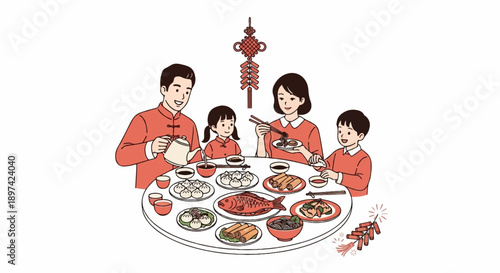 Family enjoys a festive meal with traditional dishes, drinks, and decorations