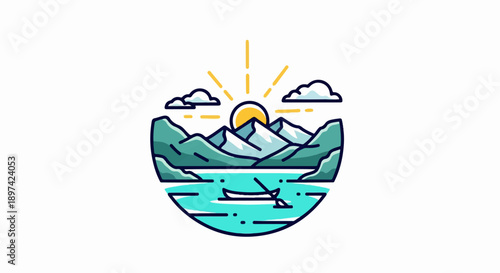 Serene mountain lake scene with a canoe and rising sun
