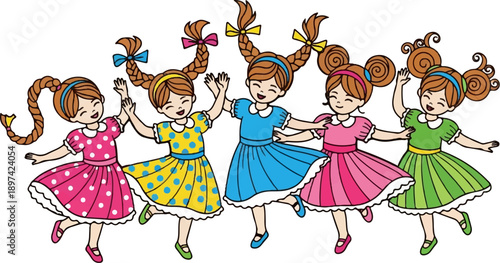 Five joyful girls in colorful polka dot dresses and ribbons in braided hair dance together