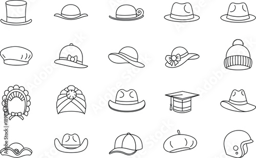 A large collection of different hat styles simple line art illustration