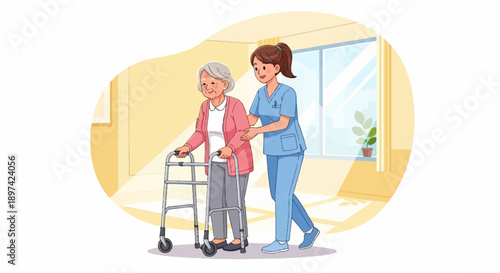 A caregiver assists an elderly woman using a walker indoors, with sunlight streaming through a window
