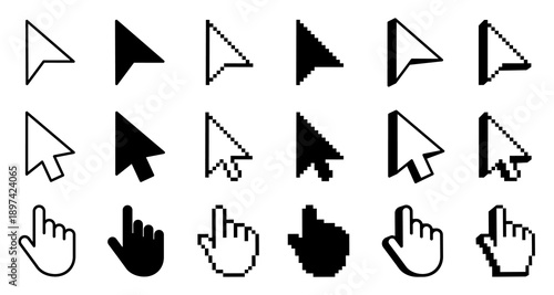 Mouse click cursor icon set. Cursor set in hand and arrow forms. Pixel cursor icon