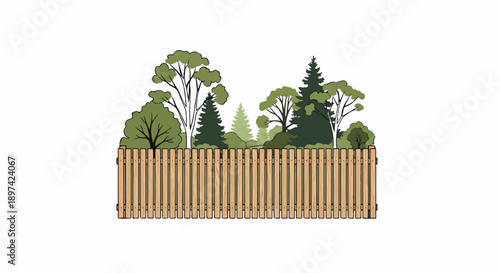 A wooden fence in front of a line of lush green trees and evergreens