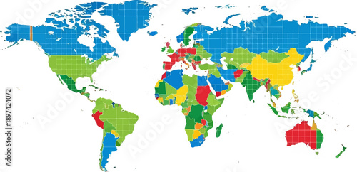 A brightly colored world map showing countries divided into various categories by color