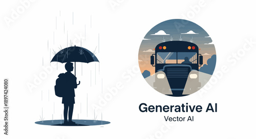 Silhouette of person with umbrella in rain and close-up of a school bus at dusk