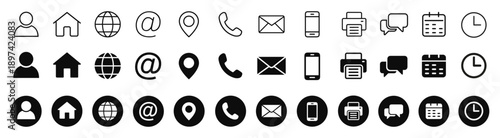 Contact us icon set, containing information name, website, location, address, telephone, mail and more, calender time icons