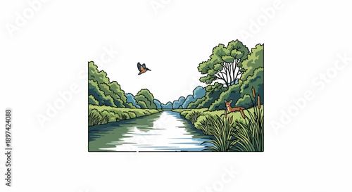 A serene canal winds through lush green trees, with a deer resting and a bird in flight