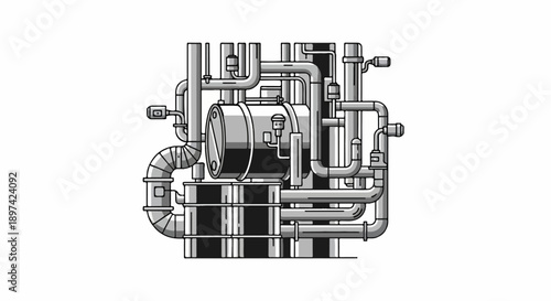 Complex industrial pipe system with central barrel and connecting conduits