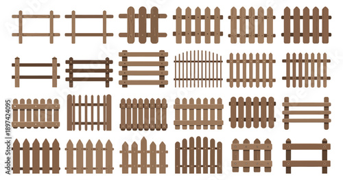 Wooden fences and gates in various styles, suitable for ranches, gardens, and property design, vector artwork.