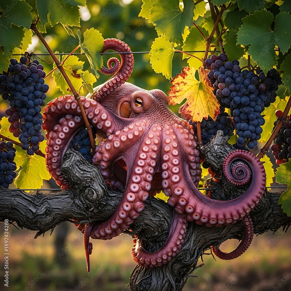 Obraz premium Octopus on a vine with dark grapes and green leaves cephalopod marine life sea creature tentacles de