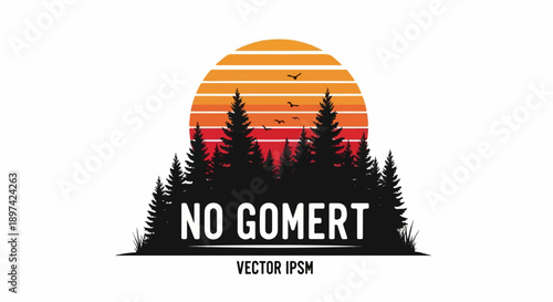 A sunset over a dense forest with birds flying, and text below