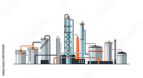 Illustration of an industrial oil refinery complex with towering distillation columns and storage tanks, symbolizing energy production and petrochemical processing