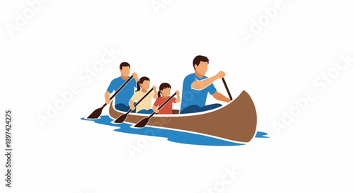 A family of four enjoys a canoeing adventure on the water, paddling together