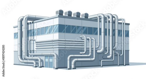 Modern industrial building with numerous pipes and ventilation systems, showcasing infrastructure and manufacturing capabilities