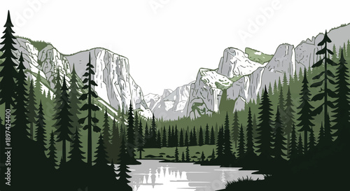 A serene forest landscape with towering granite cliffs and a reflective lake in the foreground