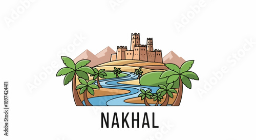 Cartoonish desert oasis with a castle, river, palm trees, and mountains