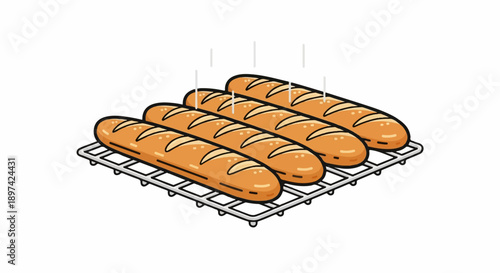 Four golden brown baguettes resting on a wire rack, with steam rising from them