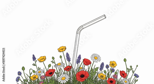 A drinking straw emerges from a vibrant field of colorful wildflowers