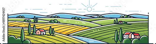 Idyllic countryside with rolling hills, farmhouses, and a bright sun