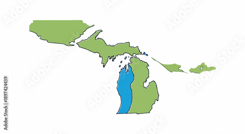 A simple graphic of the state of Michigan with its two peninsulas in green and a blue water area