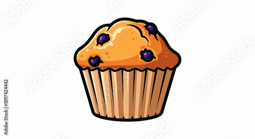 A cartoon-style blueberry muffin in a striped paper liner, with dark purple berries