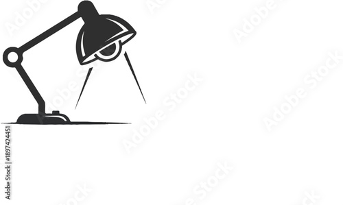 Stylized black desk lamp emits beams of light on a white background