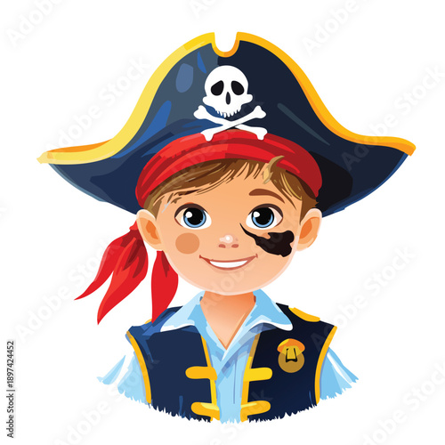 Cute young pirate with eye patch and skull hat smiling