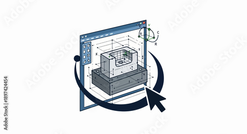 Computer-aided design interface showing 3D model of mechanical part with blueprints and cursor