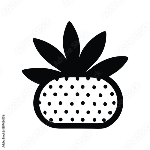 Minimalist black and white illustration of a strawberry with seeds, perfect for food and healthy lifestyle themes