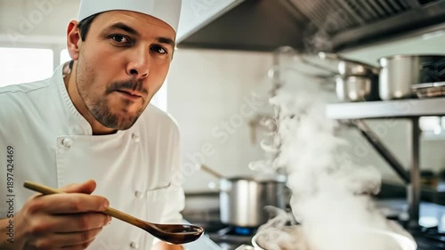 Cooking in a professional kitchen with a chef inspecting simmering sauce